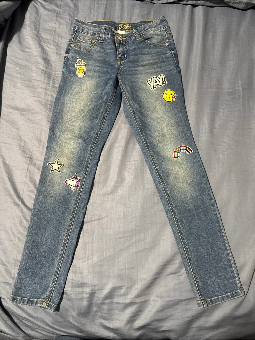 Justice Blue Denim Skinny Jeans with Colorful Pathes